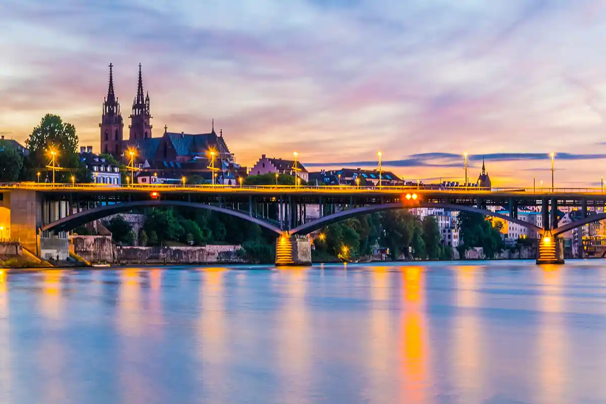 Basel Minster viewed behind the Wettstein Bridge