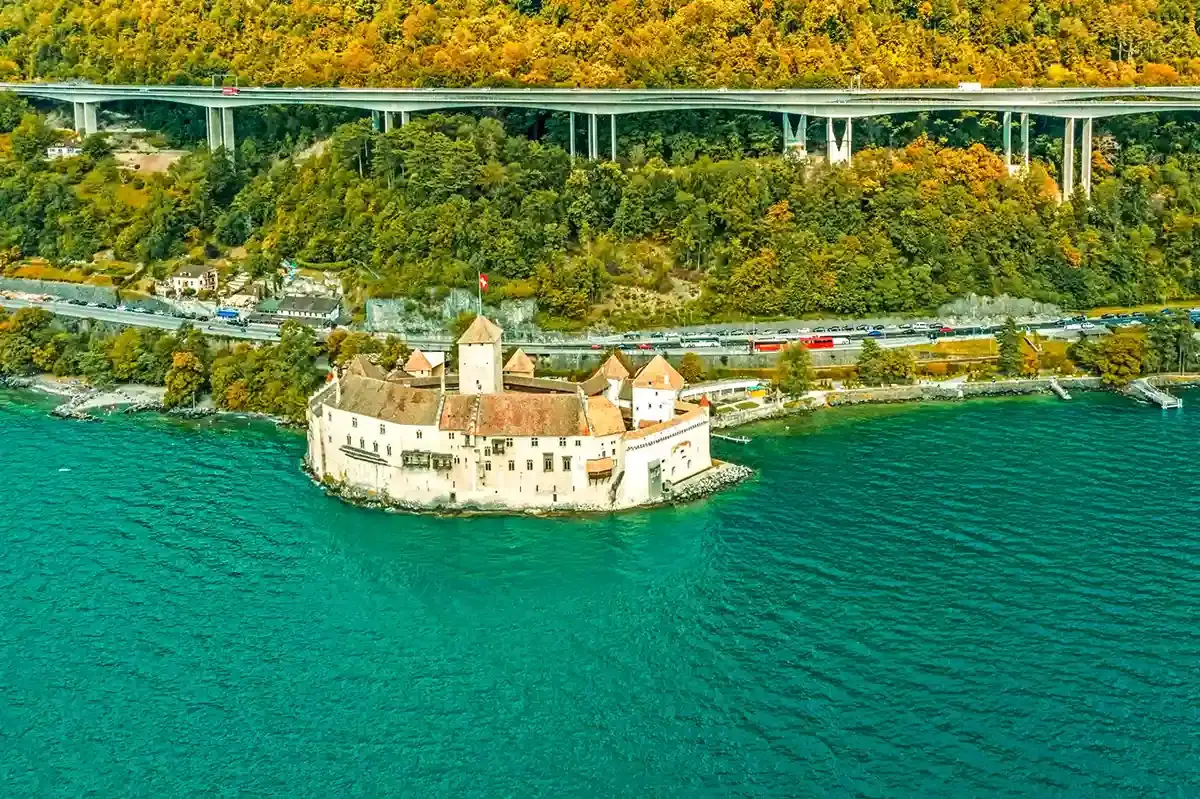 Iconic Château de Chillon on the shores of Lake Geneva