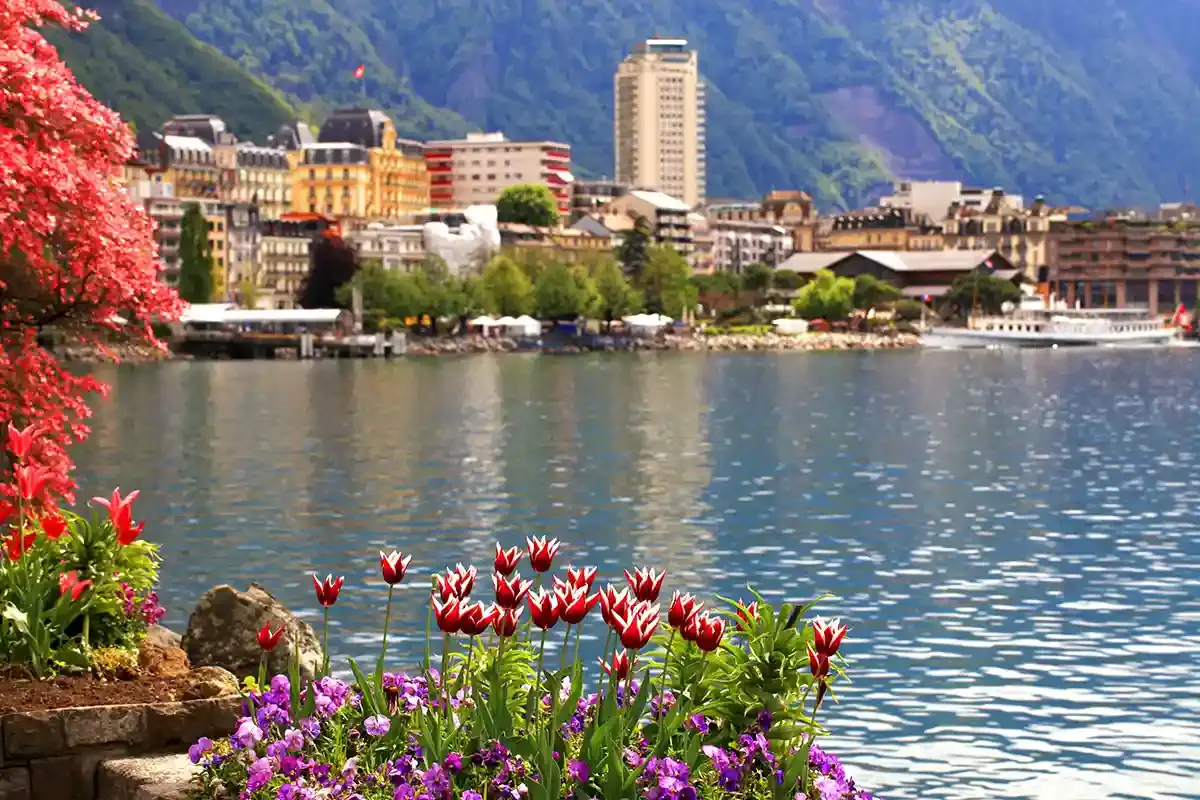 A picturesque spring landscape, Lake Geneva and view of Montreux