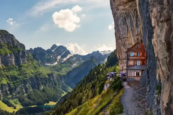 Swiss Alps and a mountain restaurant in Appenzell