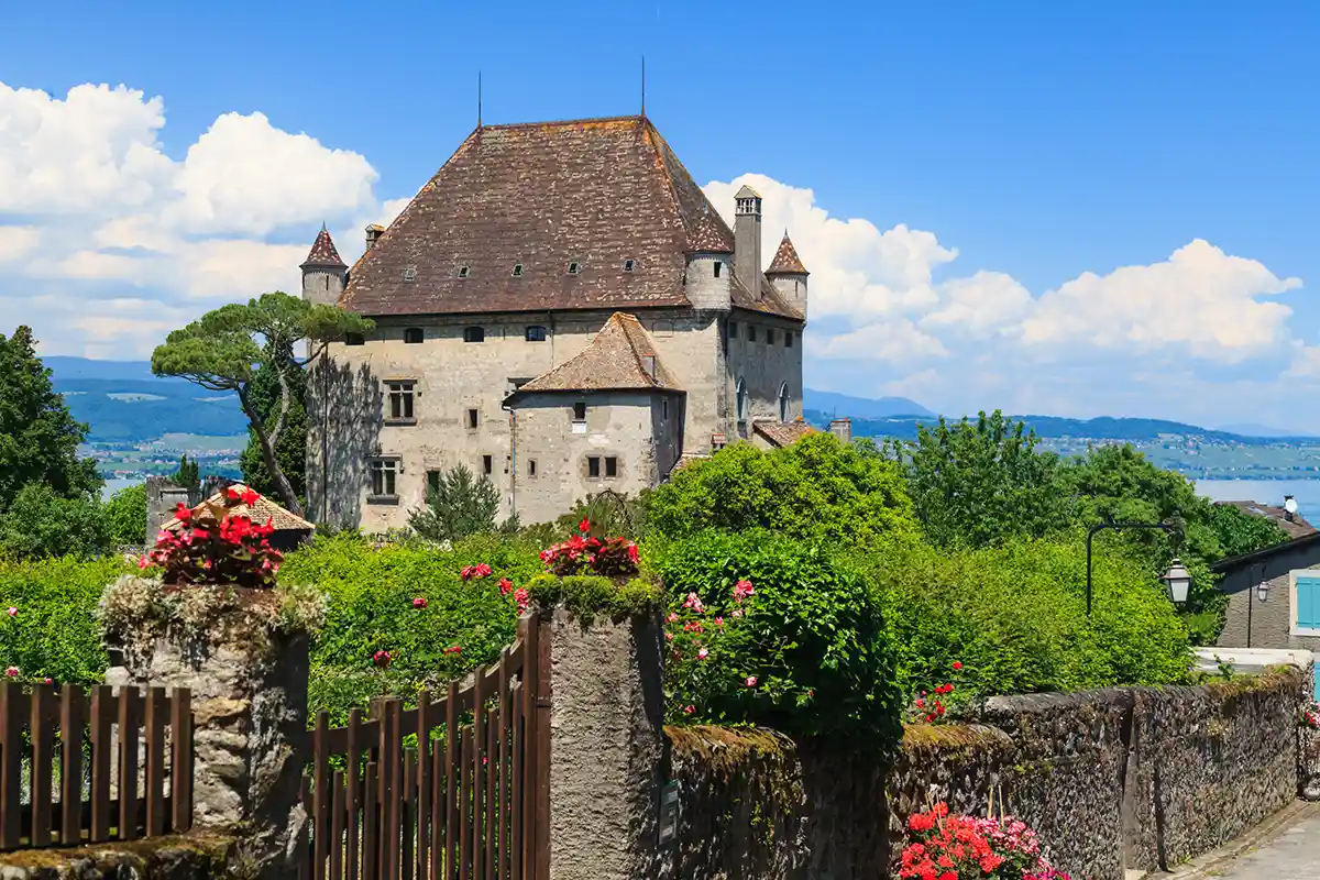 Ancient lakeside Yvoire Castle and the Garden of Five Senses, France